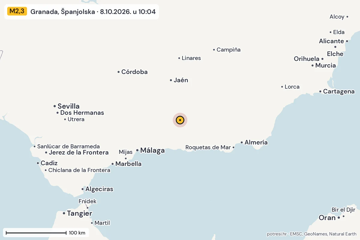 Karta: šire područje, 600 km, potres M2,3, Granada, Španjolska, 8.10.2026.