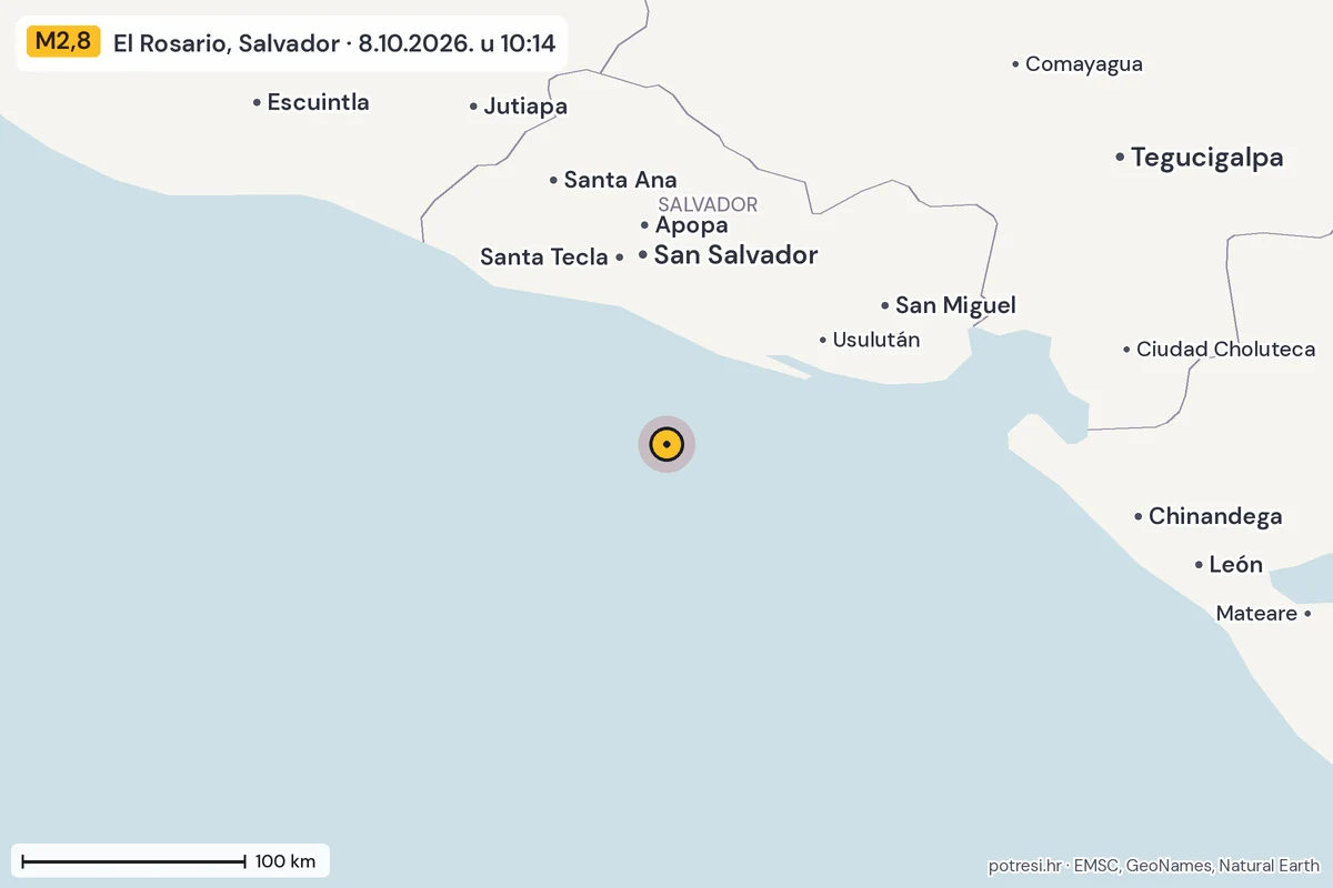 Karta: šire područje, 600 km, potres M2,8, El Rosario, Salvador, 8.10.2026.
