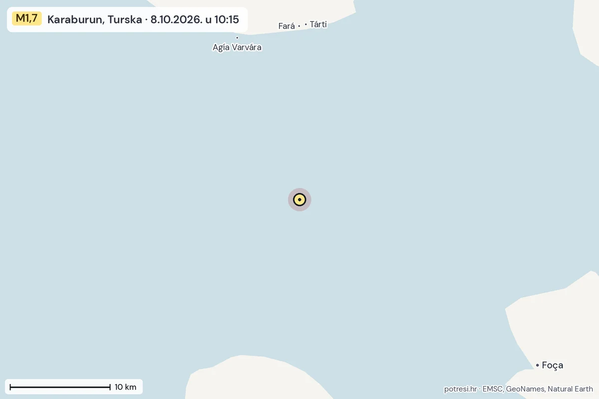 Karta: okolica epicentra, 60 km, potres M1,7, Karaburun, Turska, 8.10.2026.