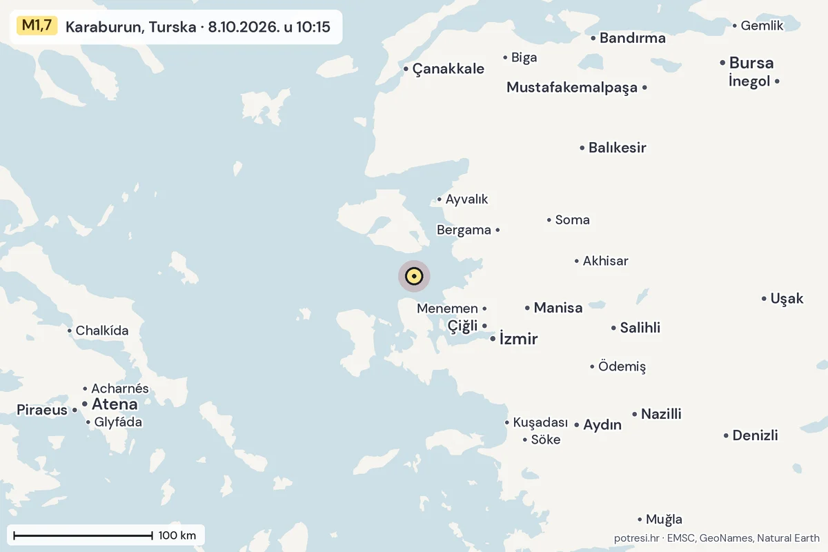 Karta: šire područje, 600 km, potres M1,7, Karaburun, Turska, 8.10.2026.