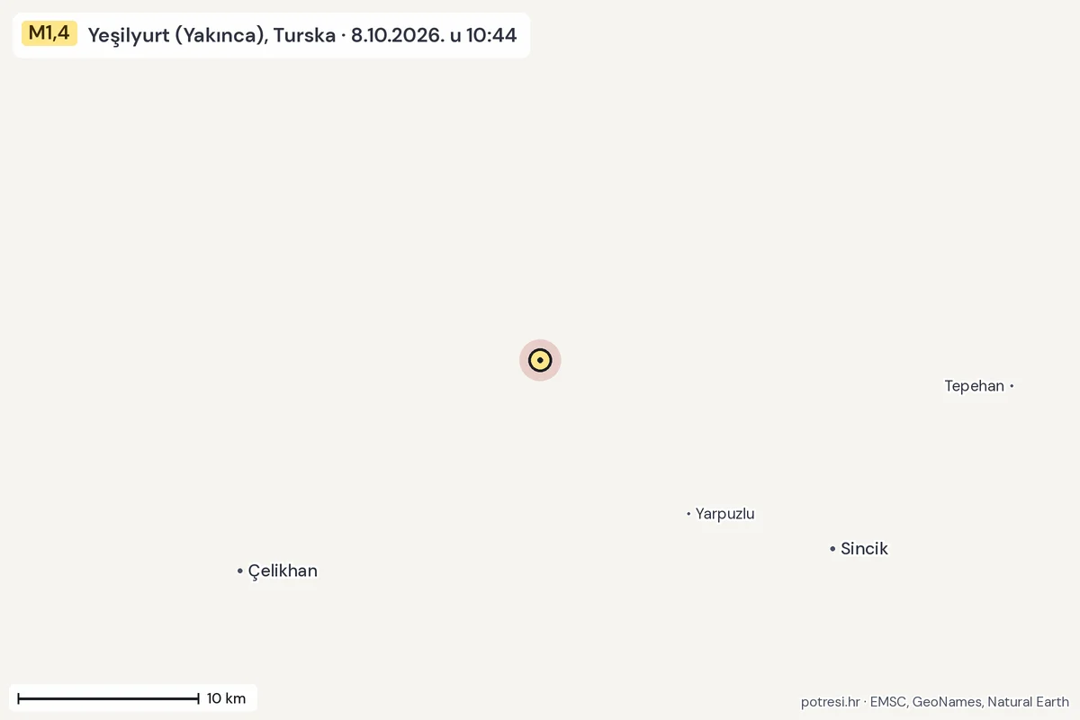 Karta: okolica epicentra, 60 km, potres M1,4, Yeşilyurt (Yakınca), Turska, 8.10.2026.