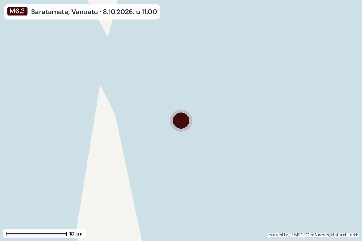 Karta: okolica epicentra, 60 km, potres M6,3, Saratamata, Vanuatu, 8.10.2026.
