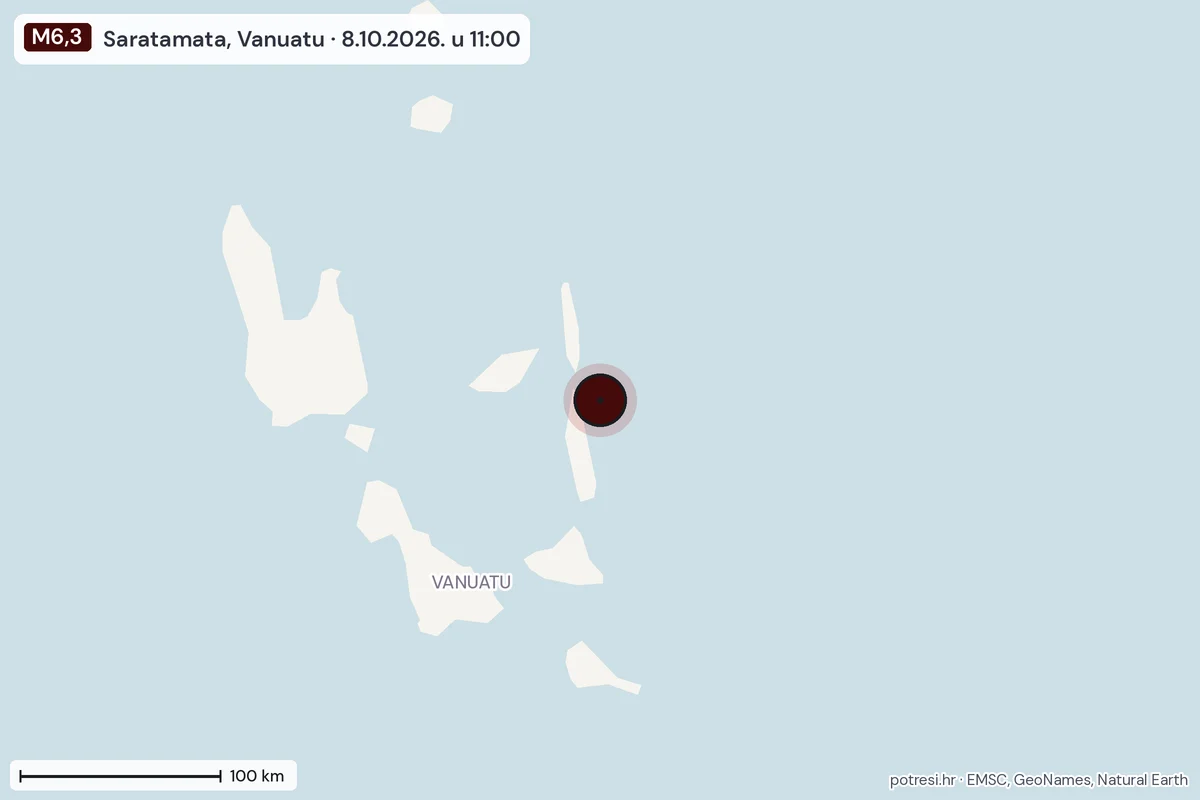 Karta: šire područje, 600 km, potres M6,3, Saratamata, Vanuatu, 8.10.2026.