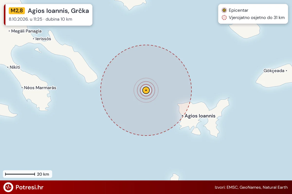 Karta: šire područje i vjerojatni doseg osjeta, potres M2,8, Agios Ioannis, Grčka, 8.10.2026.