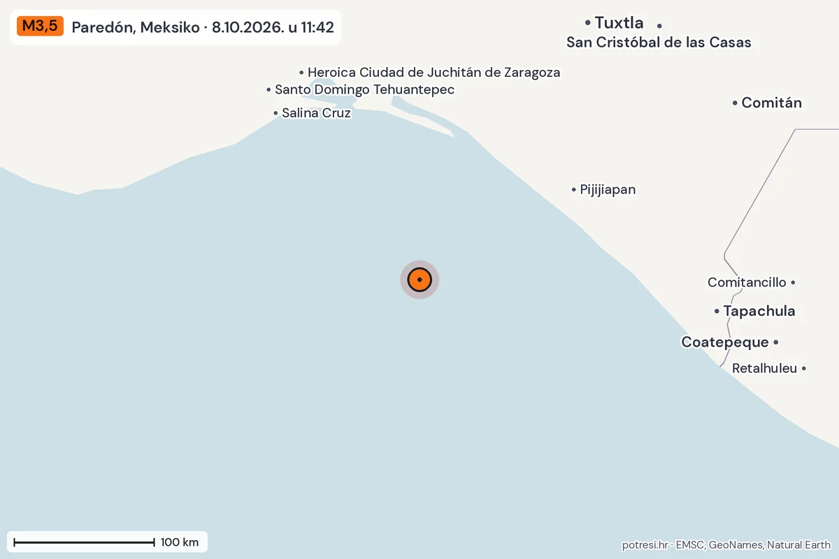 Karta: šire područje, 600 km, potres M3,5, Paredón, Meksiko, 8.10.2026.