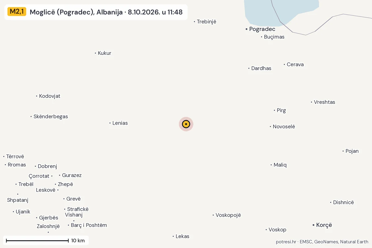 Karta: okolica epicentra, 60 km, potres M2,1, Moglicë (Pogradec), Albanija, 8.10.2026.