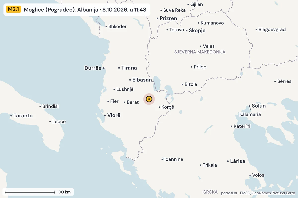 Karta: šire područje, 600 km, potres M2,1, Moglicë (Pogradec), Albanija, 8.10.2026.