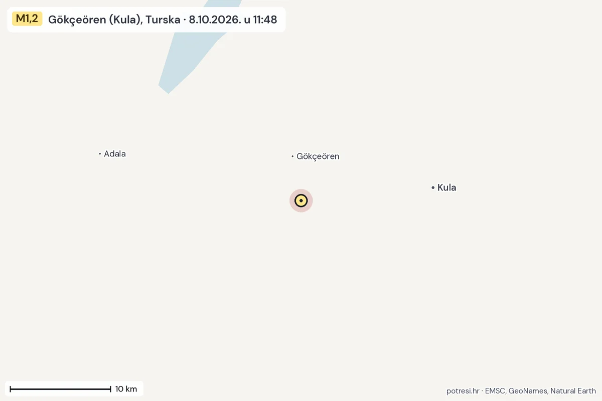 Karta: okolica epicentra, 60 km, potres M1,2, Gökçeören (Kula), Turska, 8.10.2026.