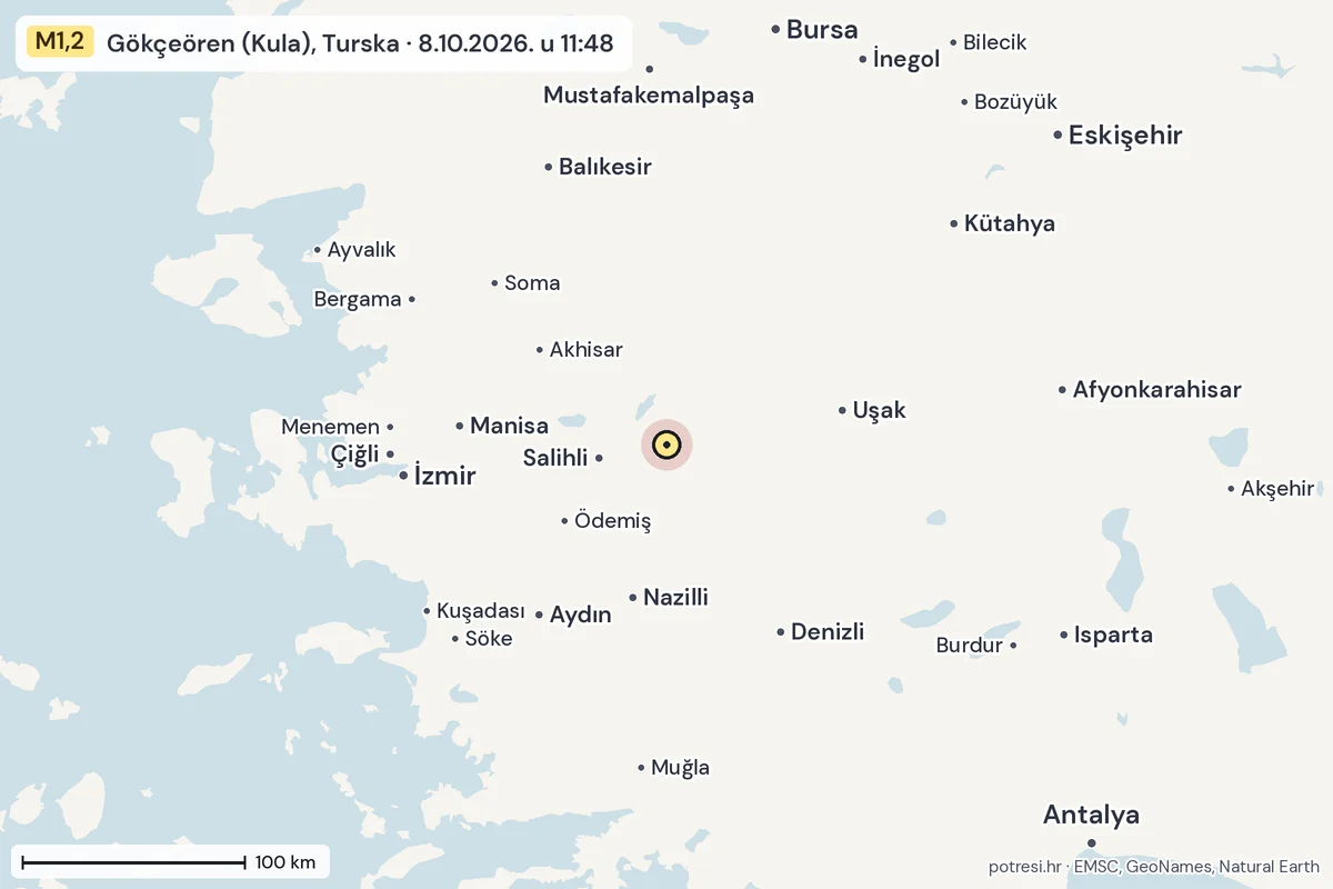 Karta: šire područje, 600 km, potres M1,2, Gökçeören (Kula), Turska, 8.10.2026.