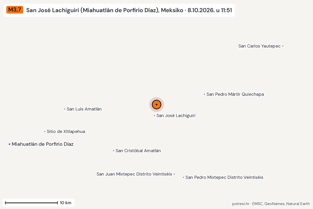 Karta: okolica epicentra, 60 km, potres M3,7, San José Lachiguiri (Miahuatlán de Porfirio Díaz), Meksiko, 8.10.2026.