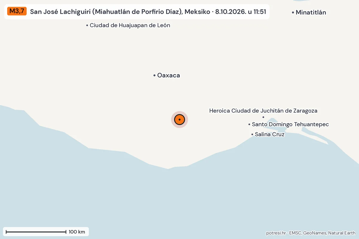 Karta: šire područje, 600 km, potres M3,7, San José Lachiguiri (Miahuatlán de Porfirio Díaz), Meksiko, 8.10.2026.