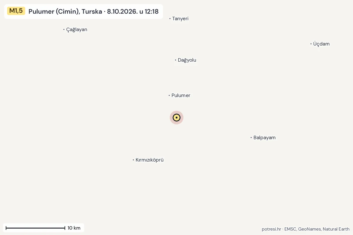 Karta: okolica epicentra, 60 km, potres M1,5, Pulumer (Cimin), Turska, 8.10.2026.
