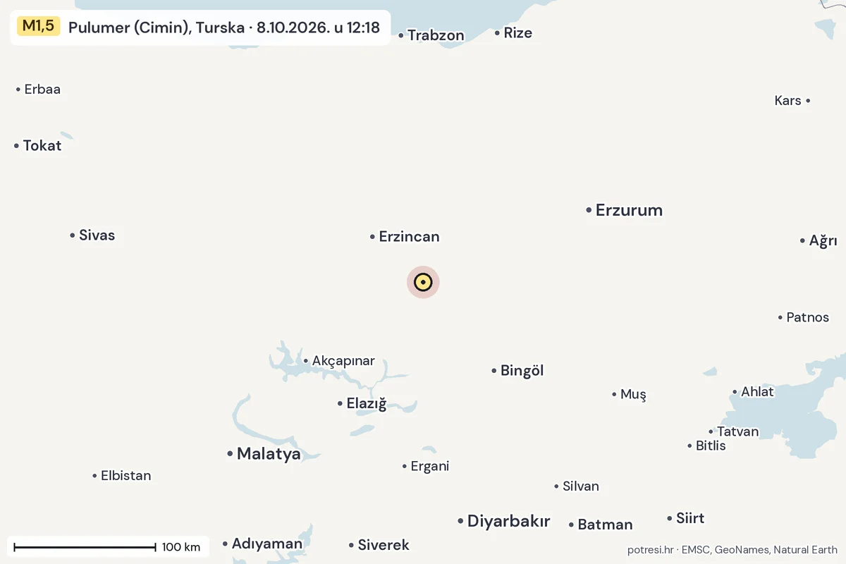 Karta: šire područje, 600 km, potres M1,5, Pulumer (Cimin), Turska, 8.10.2026.