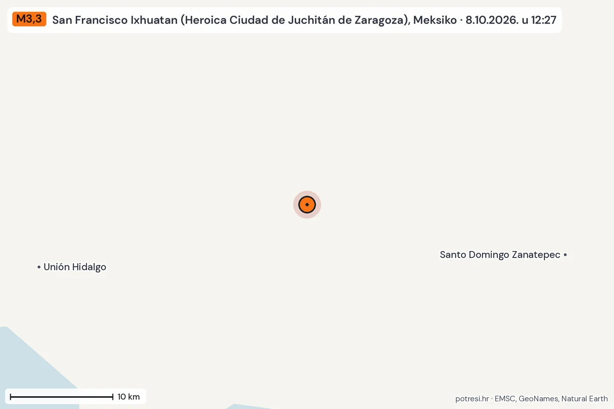 Karta: okolica epicentra, 60 km, potres M3,3, San Francisco Ixhuatan (Heroica Ciudad de Juchitán de Zaragoza), Meksiko, 8.10.2026.