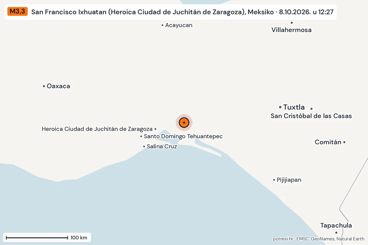 Karta: šire područje, 600 km, potres M3,3, San Francisco Ixhuatan (Heroica Ciudad de Juchitán de Zaragoza), Meksiko, 8.10.2026.