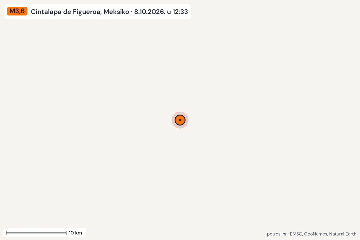 Karta: okolica epicentra, 60 km, potres M3,6, Cintalapa de Figueroa, Meksiko, 8.10.2026.