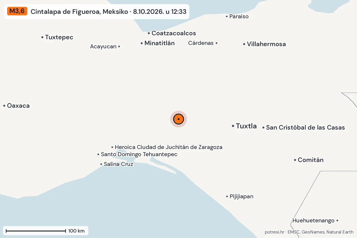 Karta: šire područje, 600 km, potres M3,6, Cintalapa de Figueroa, Meksiko, 8.10.2026.