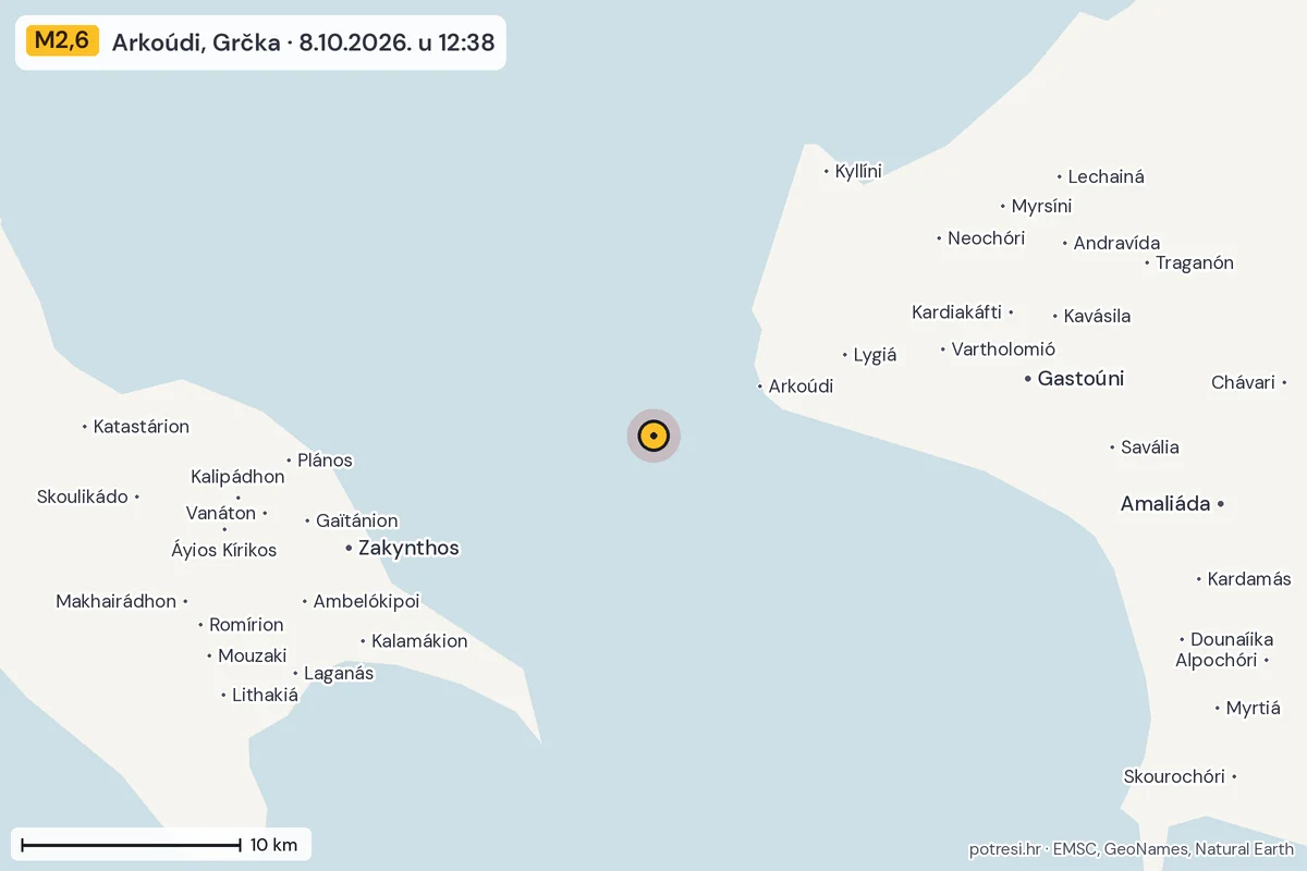 Karta: okolica epicentra, 60 km, potres M2,6, Arkoúdi, Grčka, 8.10.2026.
