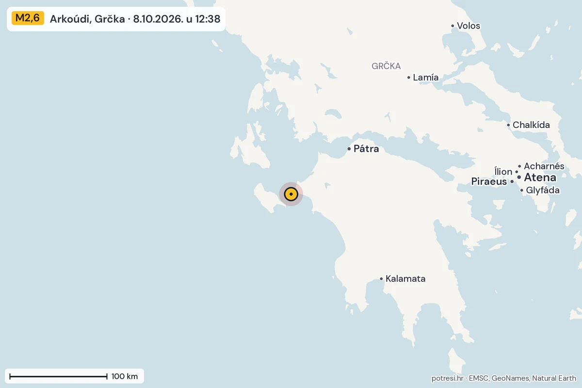 Karta: šire područje, 600 km, potres M2,6, Arkoúdi, Grčka, 8.10.2026.