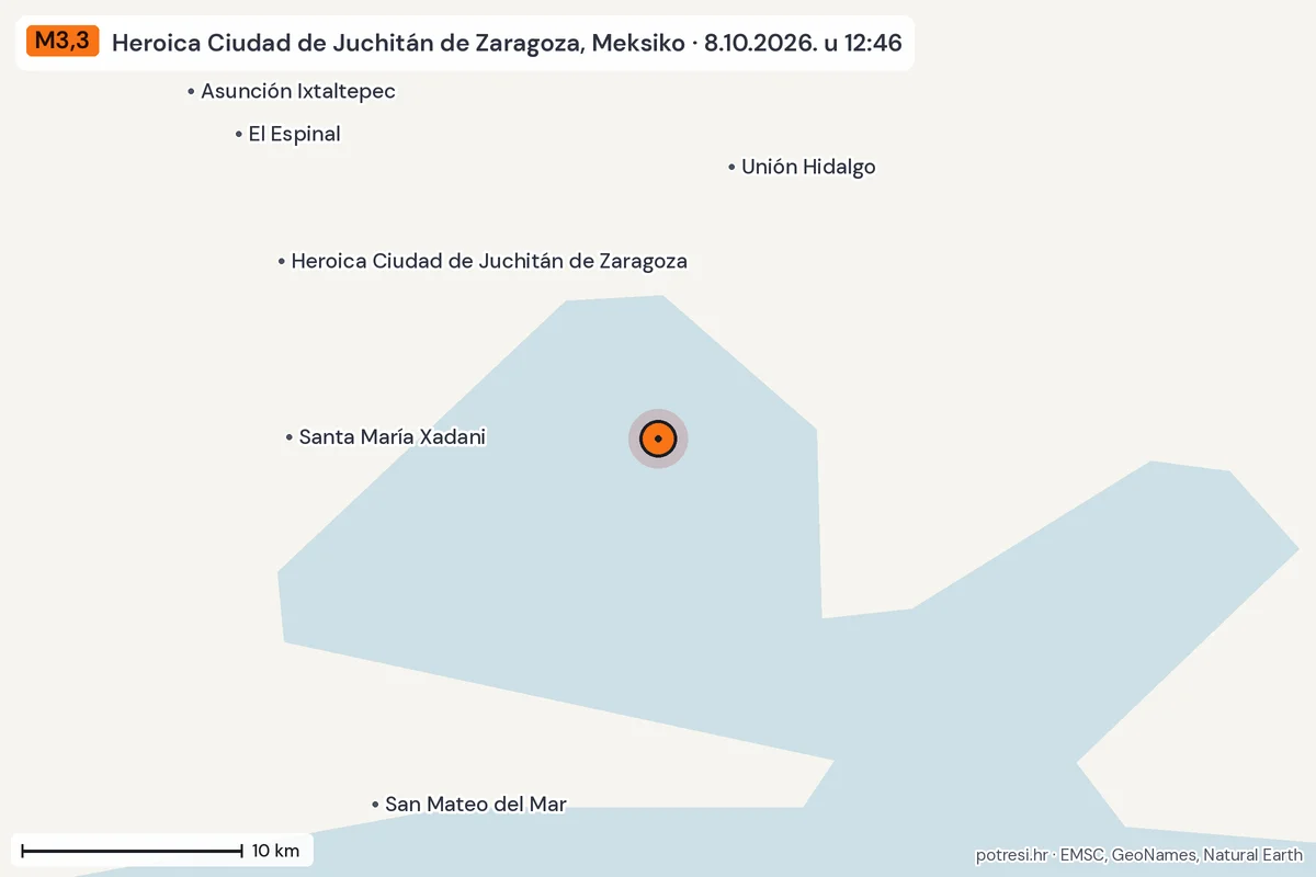 Karta: okolica epicentra, 60 km, potres M3,3, Heroica Ciudad de Juchitán de Zaragoza, Meksiko, 8.10.2026.