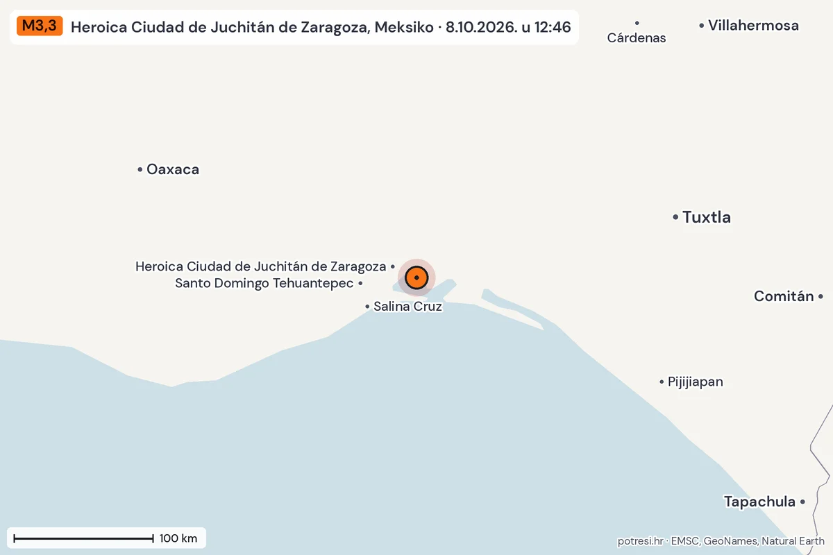 Karta: šire područje, 600 km, potres M3,3, Heroica Ciudad de Juchitán de Zaragoza, Meksiko, 8.10.2026.
