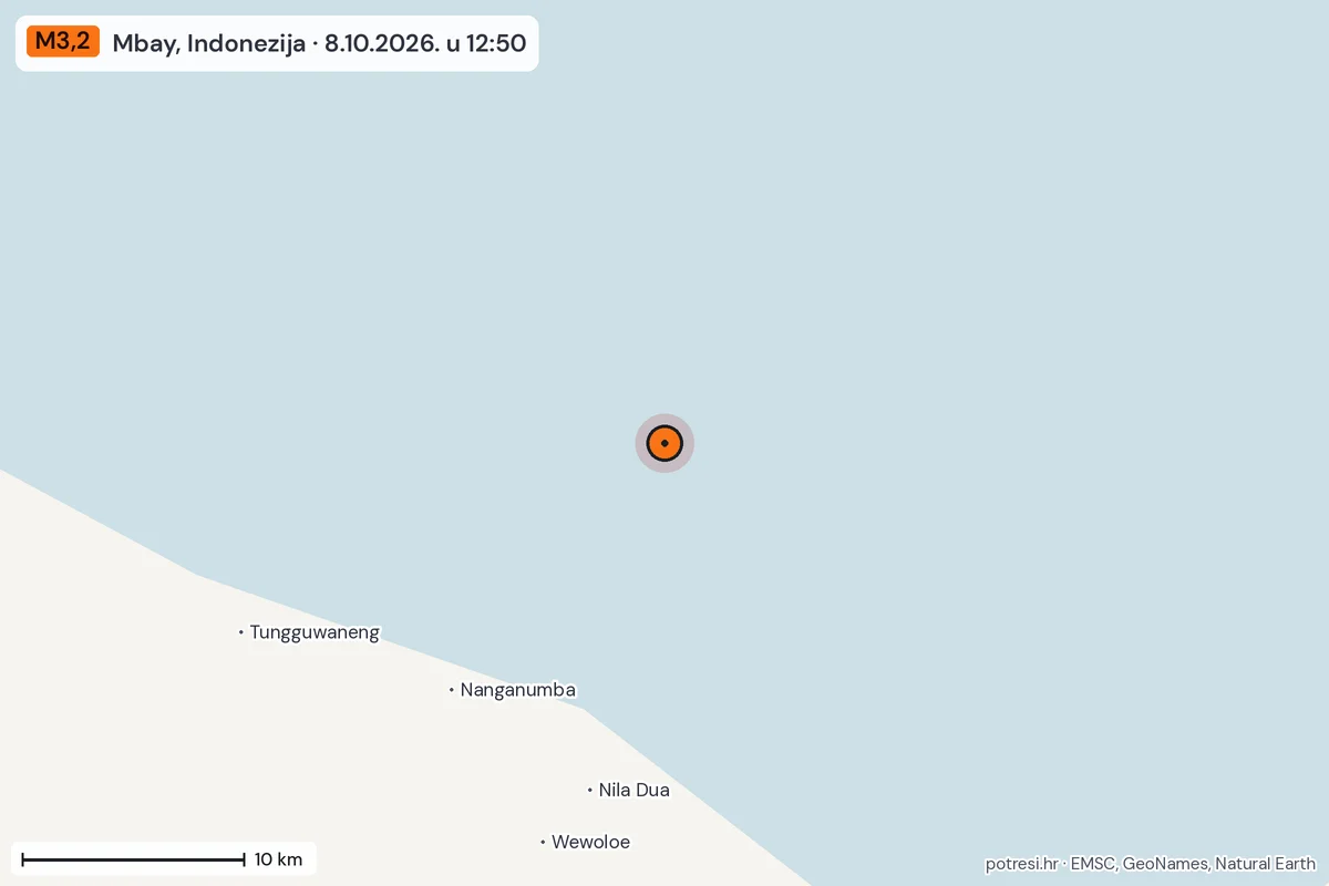 Karta: okolica epicentra, 60 km, potres M3,2, Mbay, Indonezija, 8.10.2026.