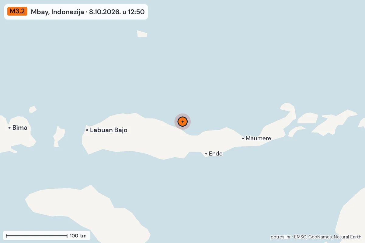 Karta: šire područje, 600 km, potres M3,2, Mbay, Indonezija, 8.10.2026.
