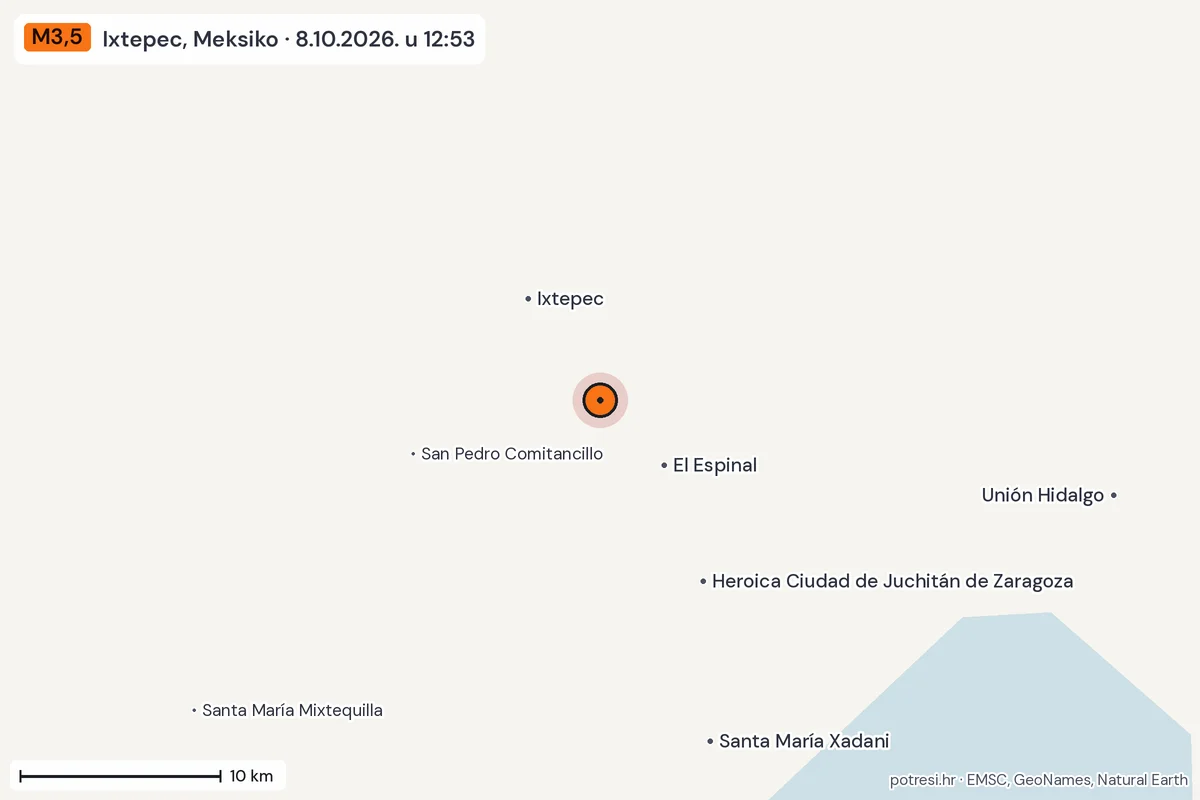 Karta: okolica epicentra, 60 km, potres M3,5, Ixtepec, Meksiko, 8.10.2026.