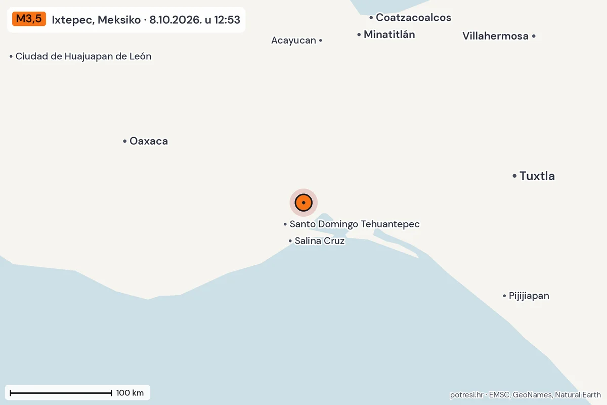 Karta: šire područje, 600 km, potres M3,5, Ixtepec, Meksiko, 8.10.2026.