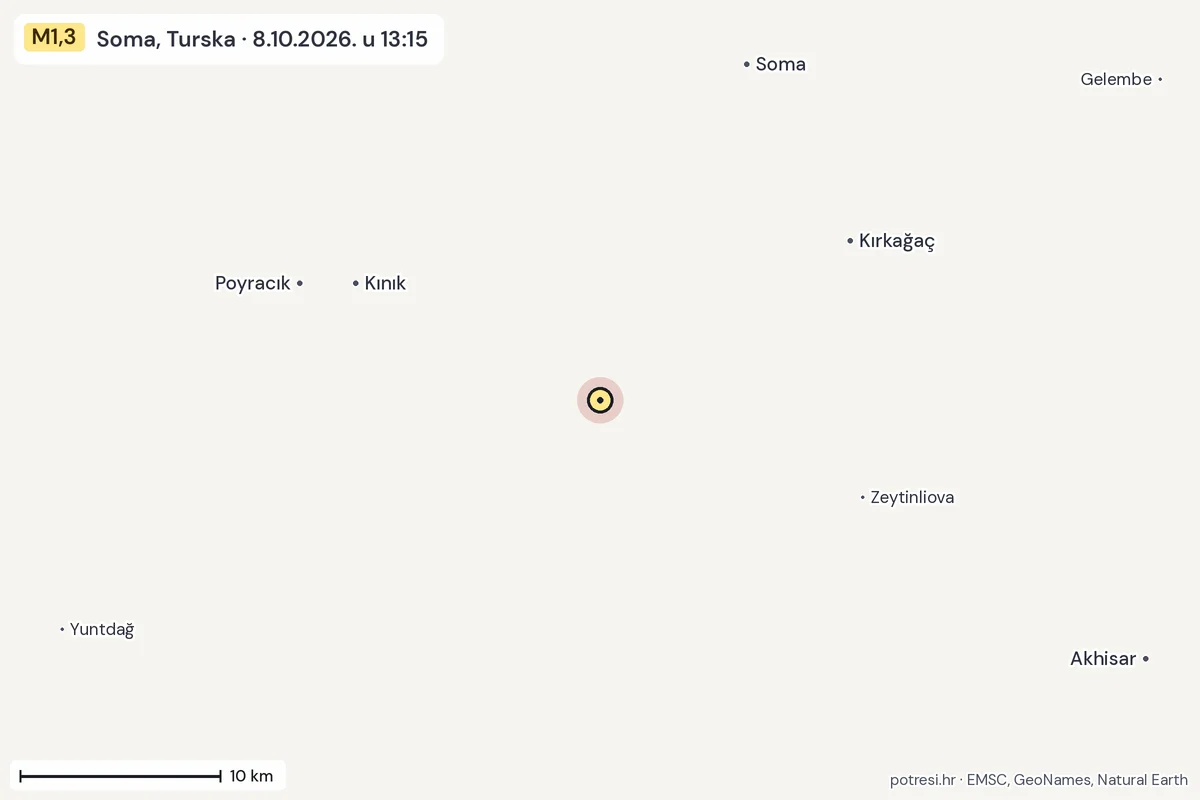 Karta: okolica epicentra, 60 km, potres M1,3, Soma, Turska, 8.10.2026.