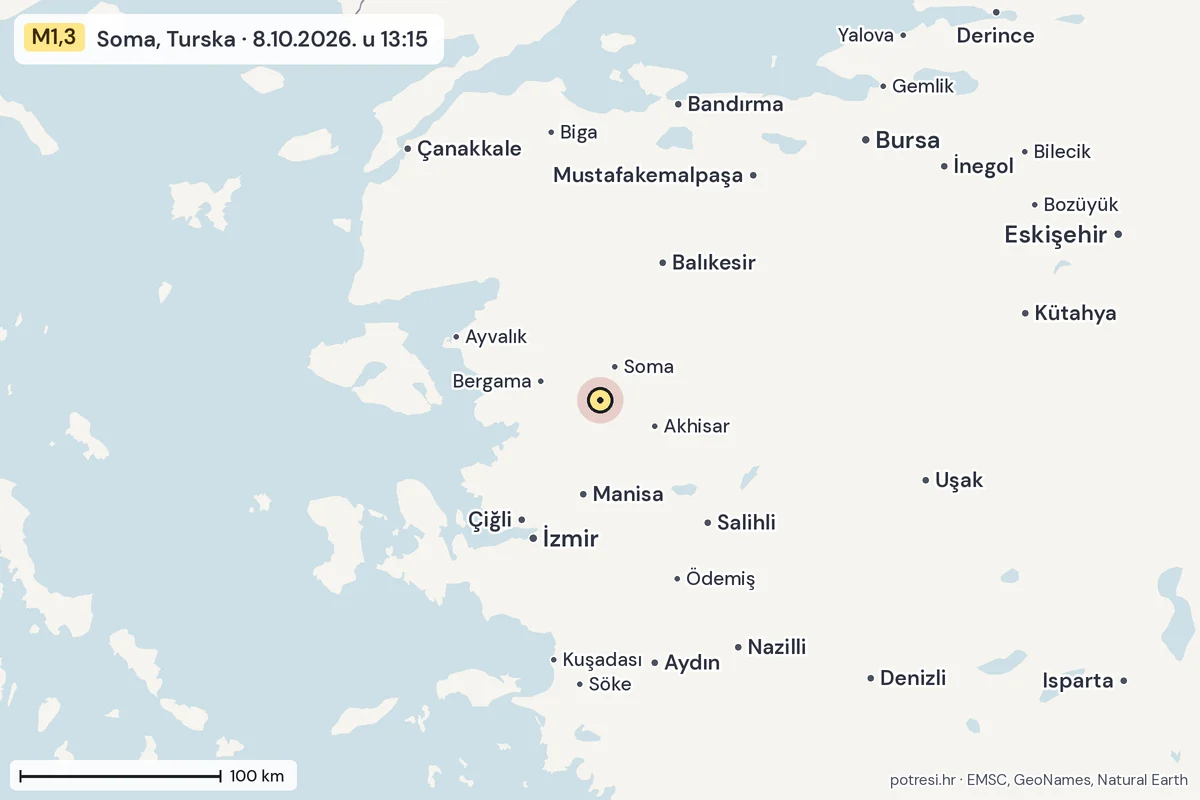 Karta: šire područje, 600 km, potres M1,3, Soma, Turska, 8.10.2026.