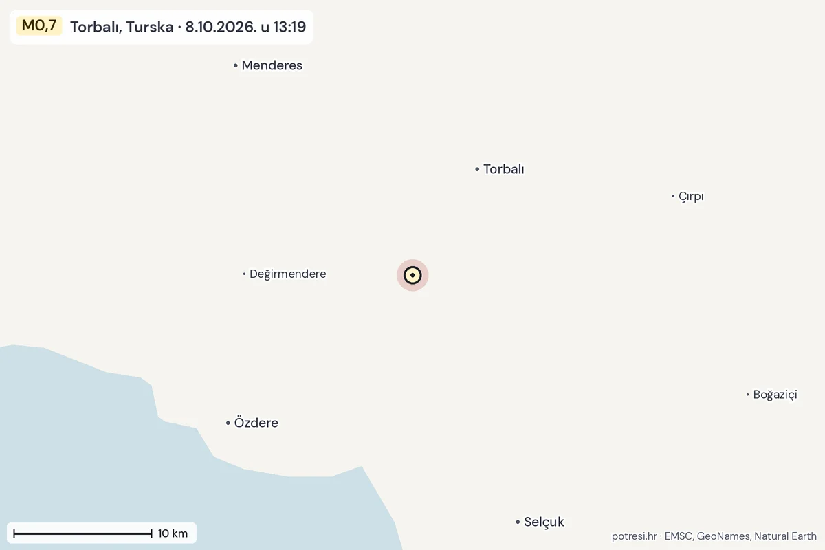 Karta: okolica epicentra, 60 km, potres M0,7, Torbalı, Turska, 8.10.2026.