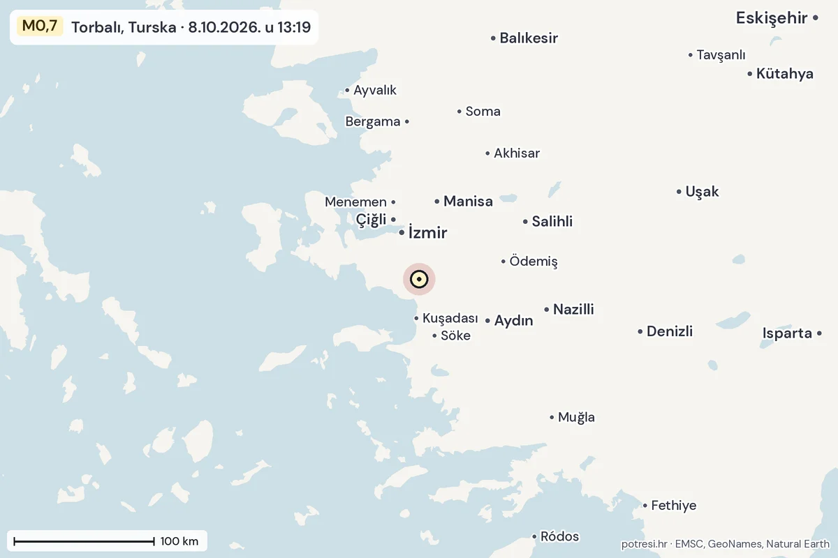 Karta: šire područje, 600 km, potres M0,7, Torbalı, Turska, 8.10.2026.
