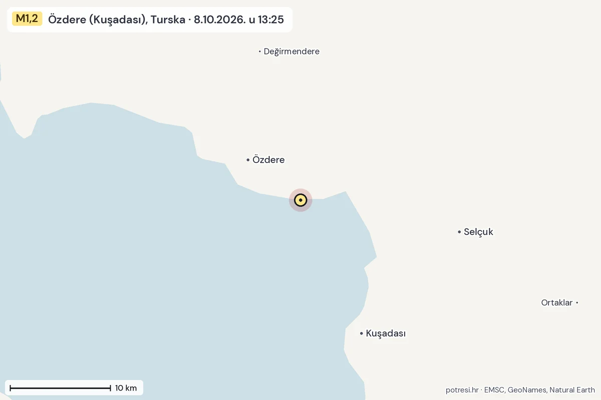 Karta: okolica epicentra, 60 km, potres M1,2, Özdere (Kuşadası), Turska, 8.10.2026.