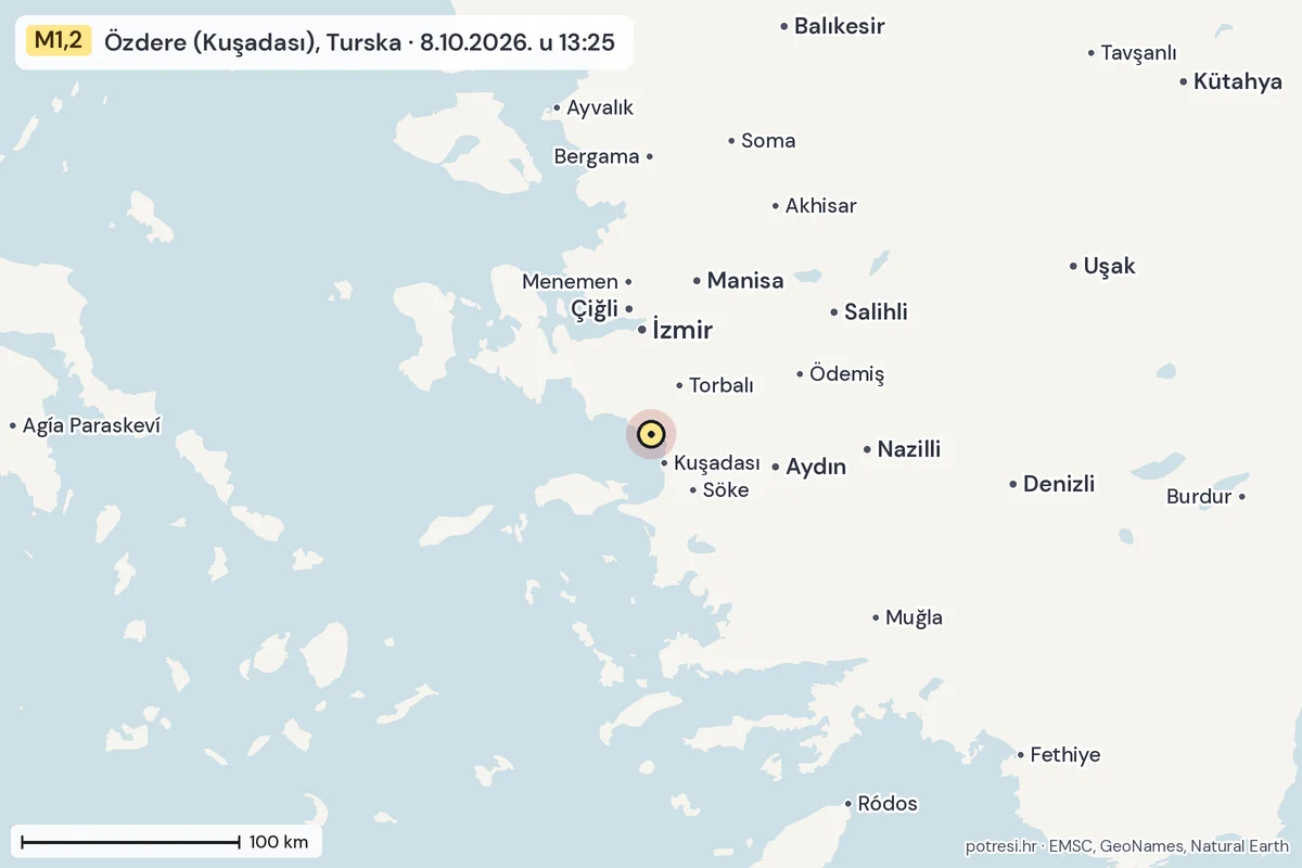 Karta: šire područje, 600 km, potres M1,2, Özdere (Kuşadası), Turska, 8.10.2026.