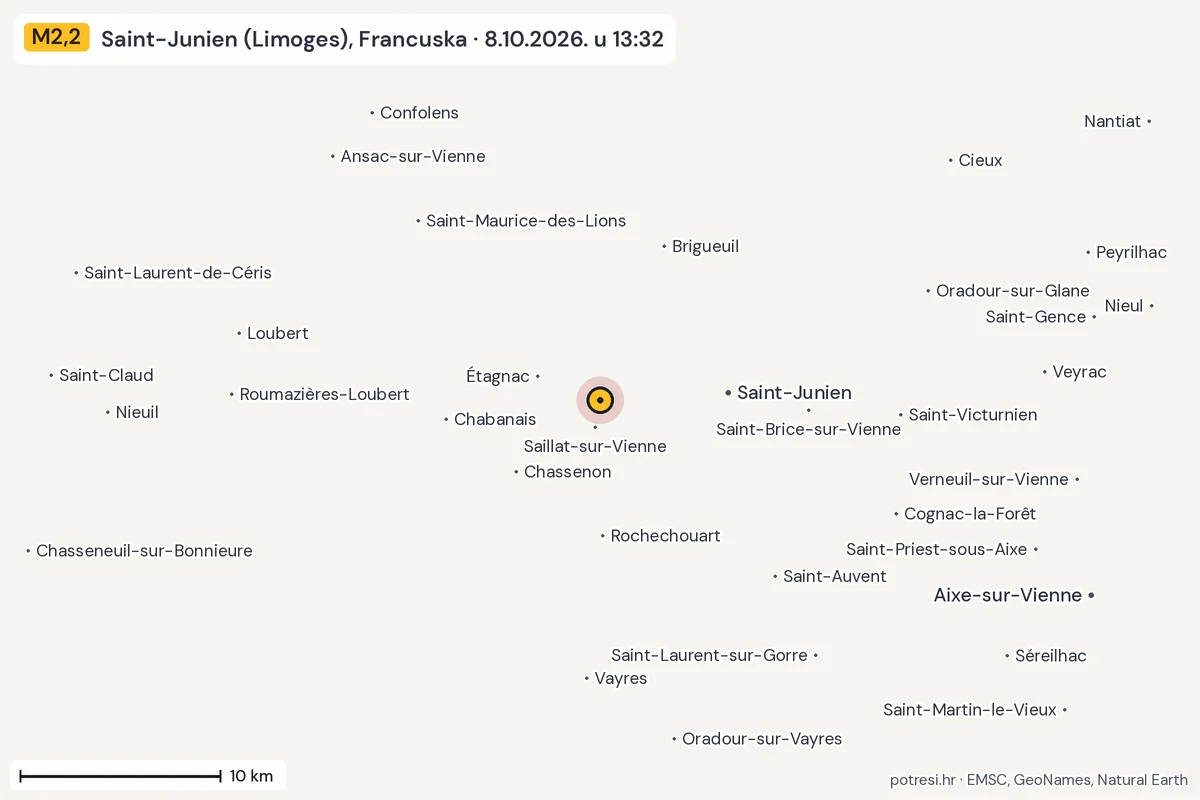 Karta: okolica epicentra, 60 km, potres M2,2, Saint-Junien (Limoges), Francuska, 8.10.2026.