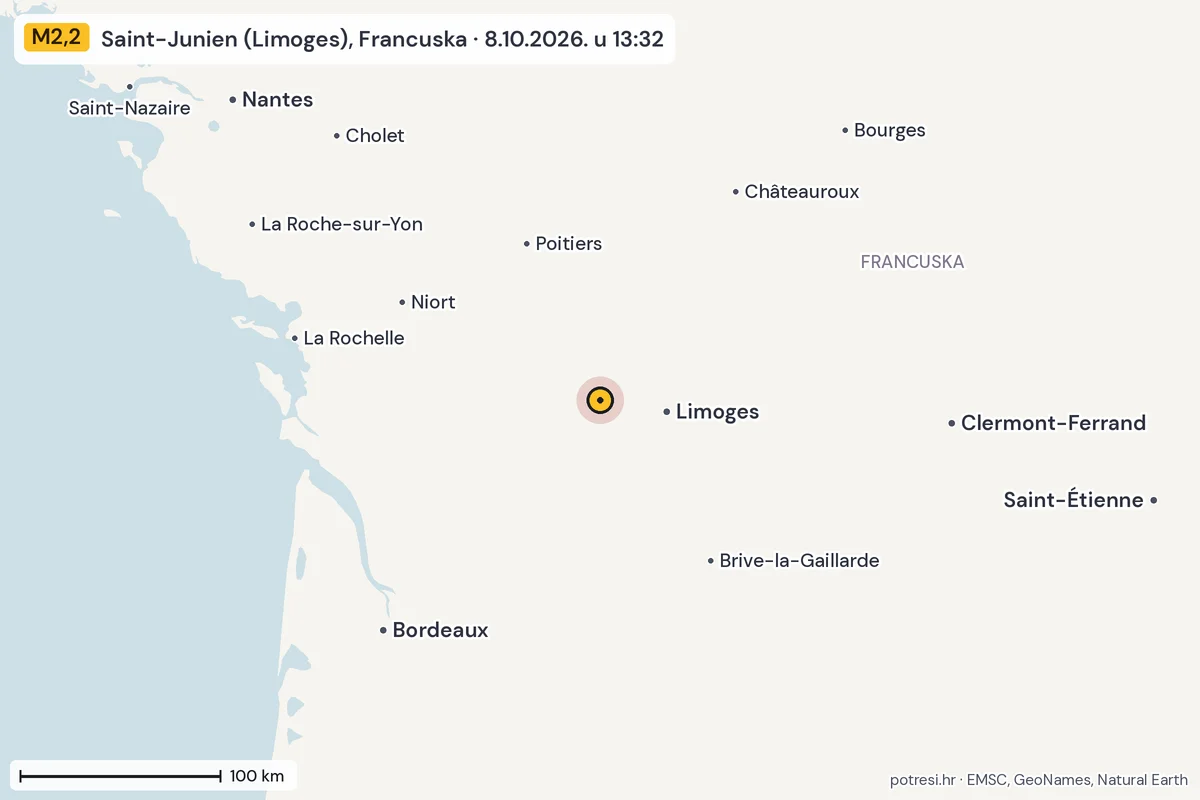 Karta: šire područje, 600 km, potres M2,2, Saint-Junien (Limoges), Francuska, 8.10.2026.
