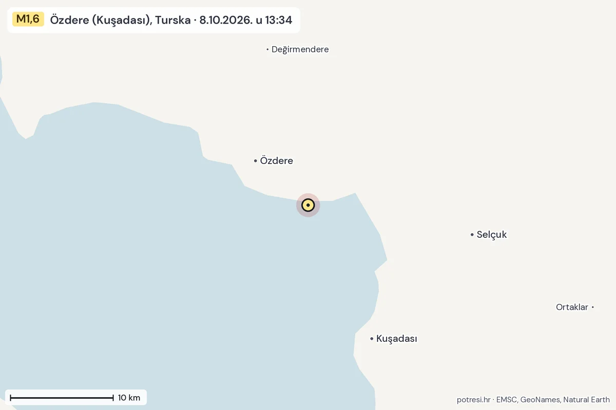 Karta: okolica epicentra, 60 km, potres M1,6, Özdere (Kuşadası), Turska, 8.10.2026.