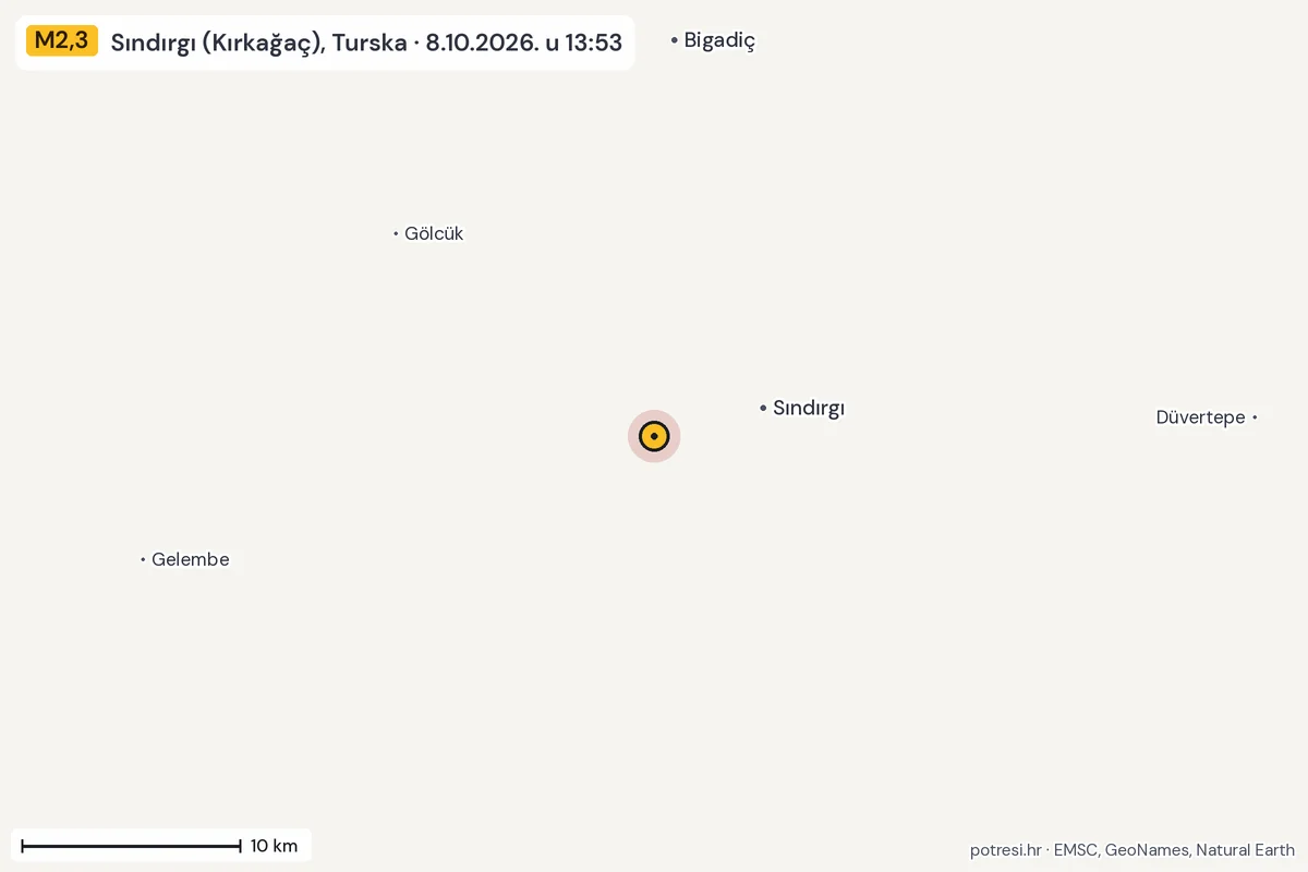 Karta: okolica epicentra, 60 km, potres M2,3, Sındırgı (Kırkağaç), Turska, 8.10.2026.