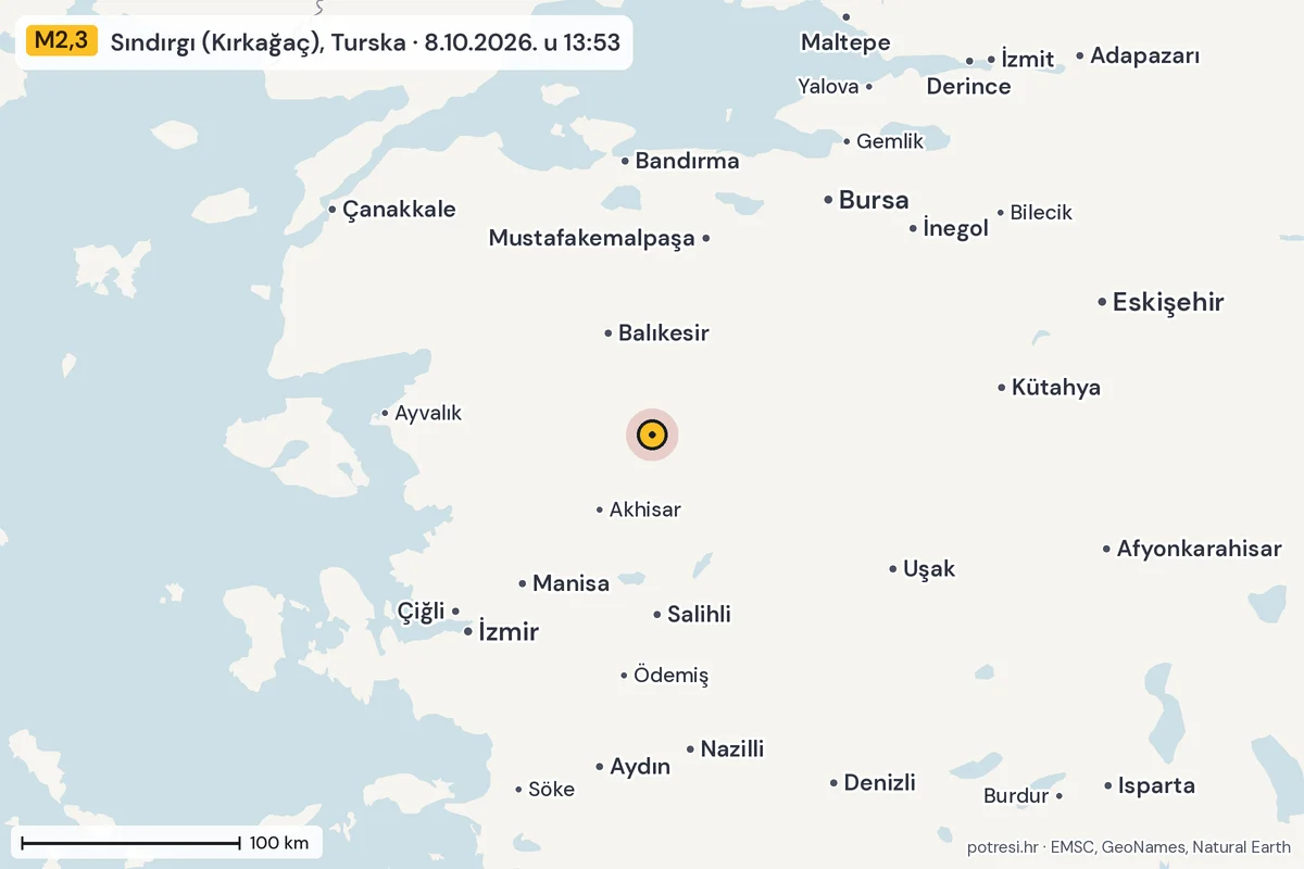 Karta: šire područje, 600 km, potres M2,3, Sındırgı (Kırkağaç), Turska, 8.10.2026.