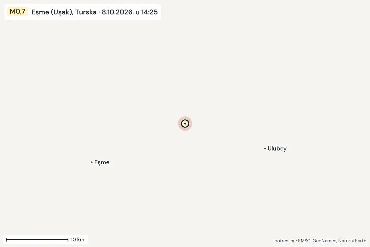 Karta: okolica epicentra, 60 km, potres M0,7, Eşme (Uşak), Turska, 8.10.2026.