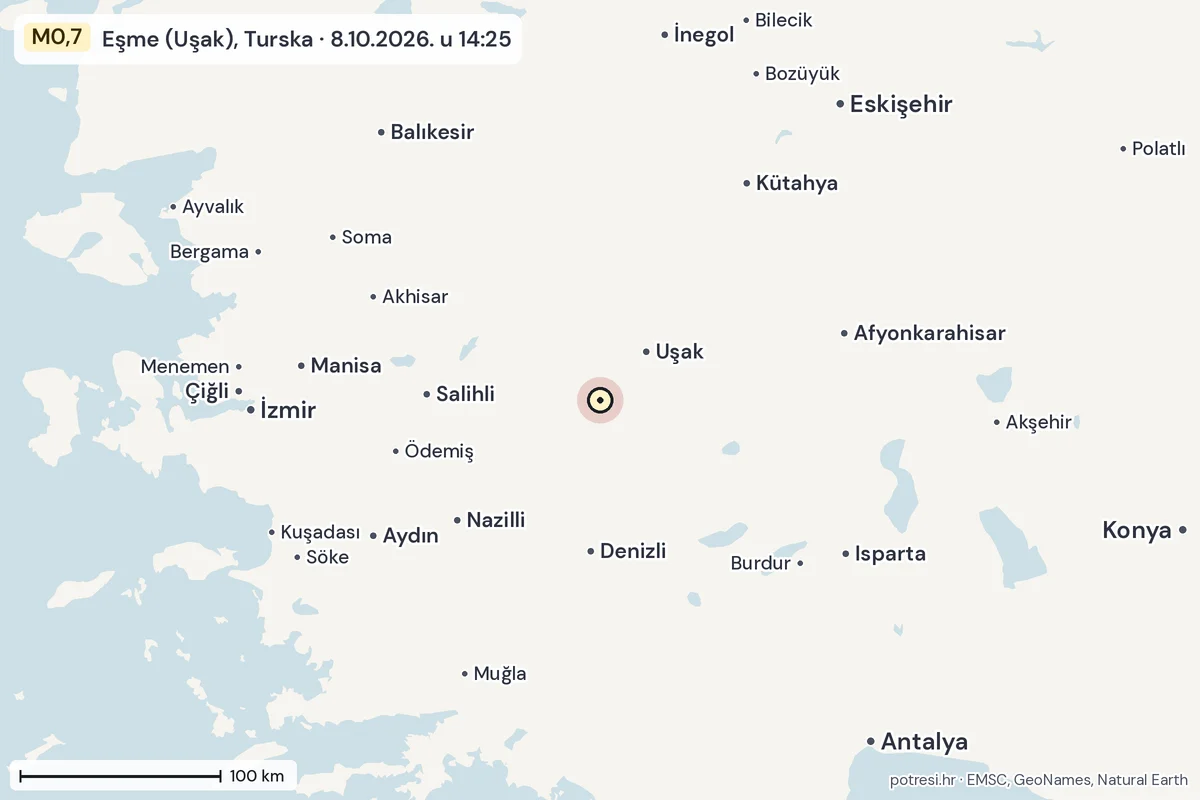 Karta: šire područje, 600 km, potres M0,7, Eşme (Uşak), Turska, 8.10.2026.