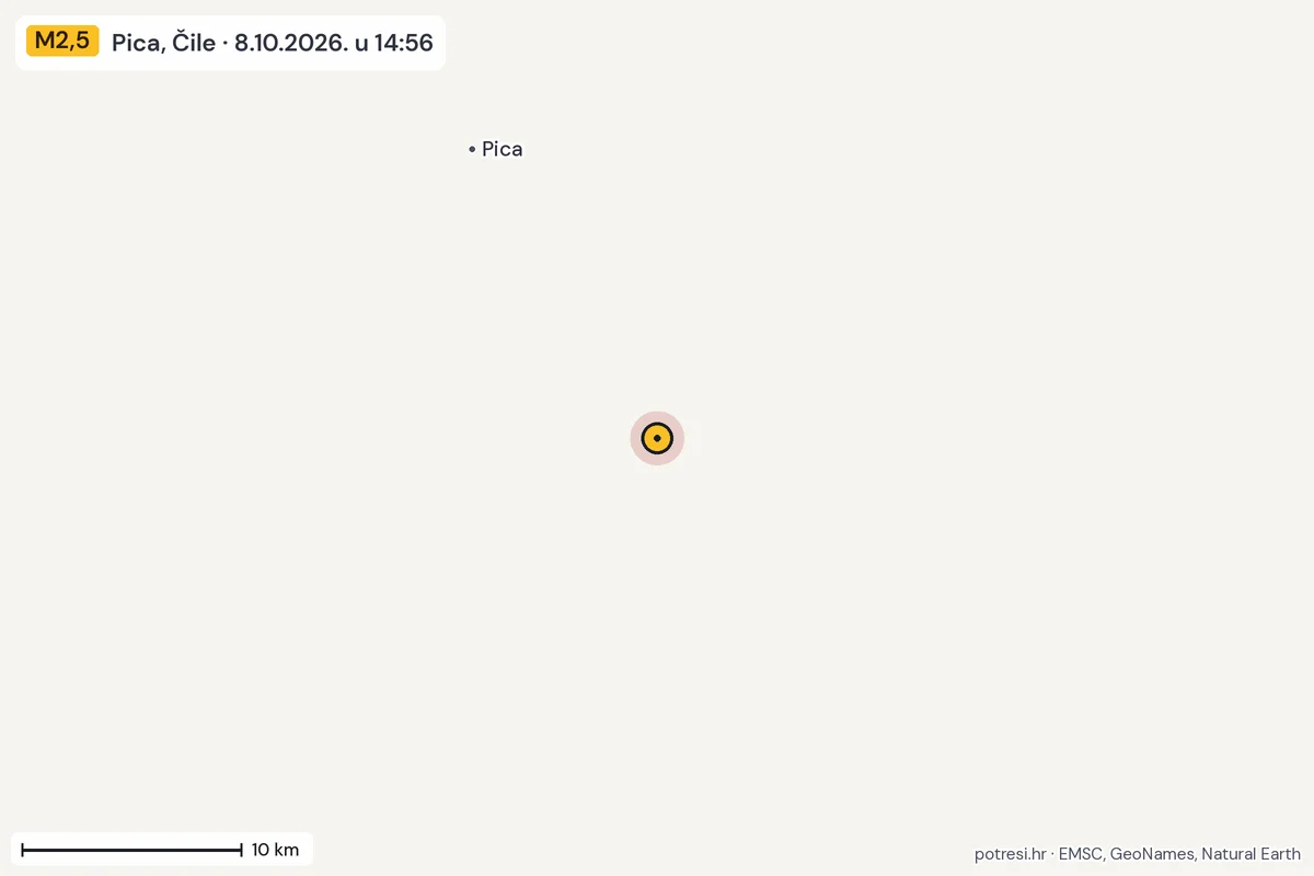 Karta: okolica epicentra, 60 km, potres M2,5, Pica, Čile, 8.10.2026.