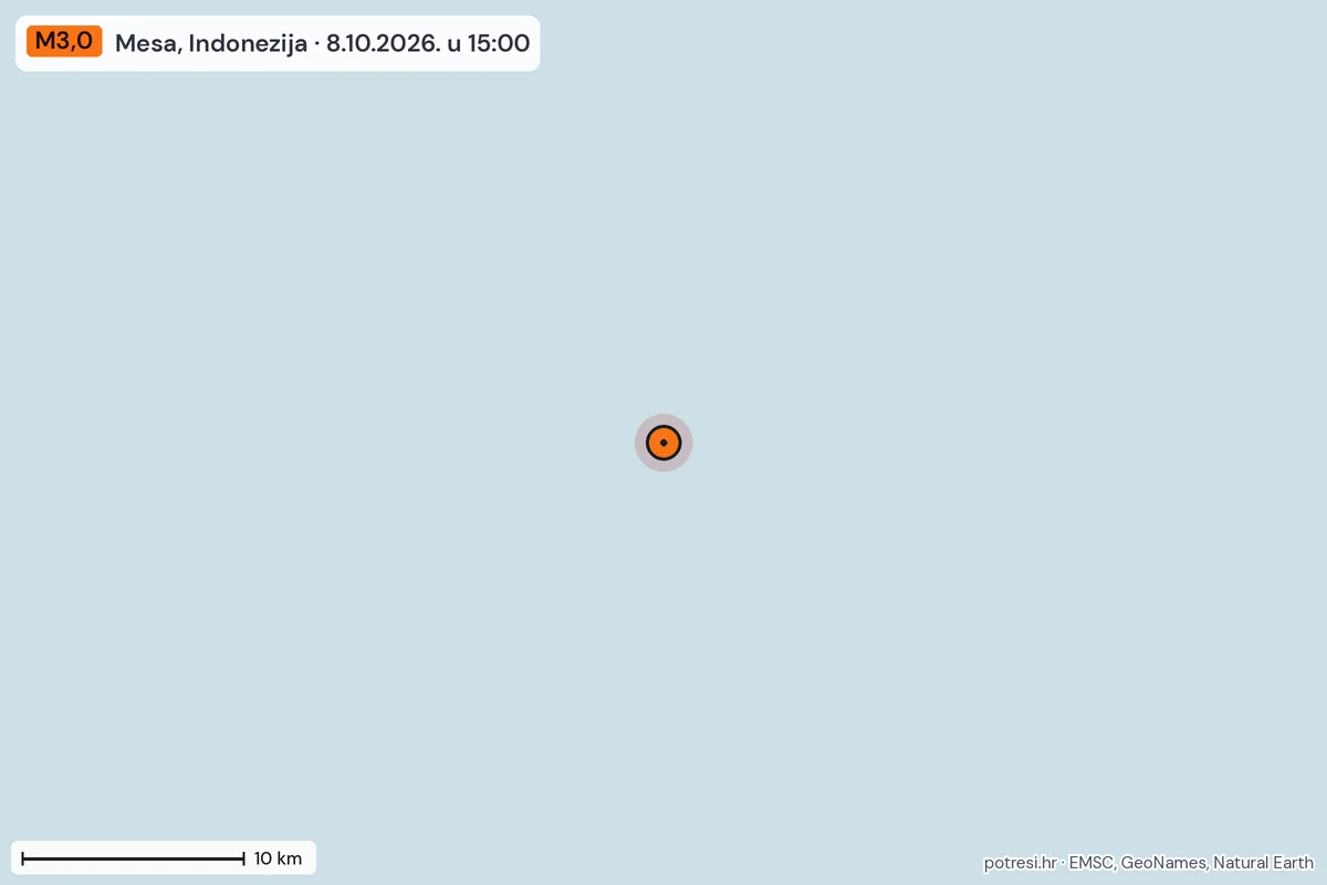 Karta: okolica epicentra, 60 km, potres M3,0, Mesa, Indonezija, 8.10.2026.