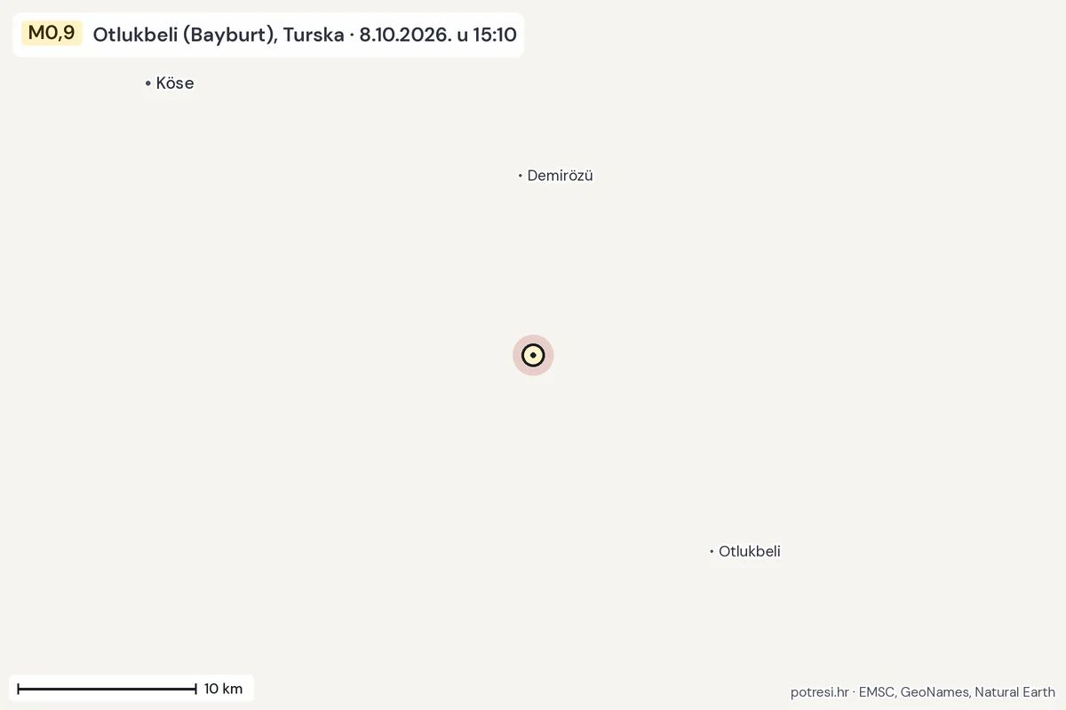 Karta: okolica epicentra, 60 km, potres M0,9, Otlukbeli (Bayburt), Turska, 8.10.2026.
