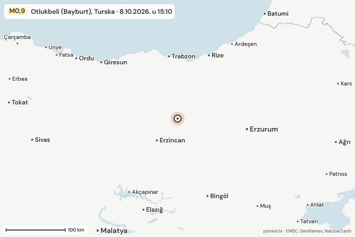 Karta: šire područje, 600 km, potres M0,9, Otlukbeli (Bayburt), Turska, 8.10.2026.