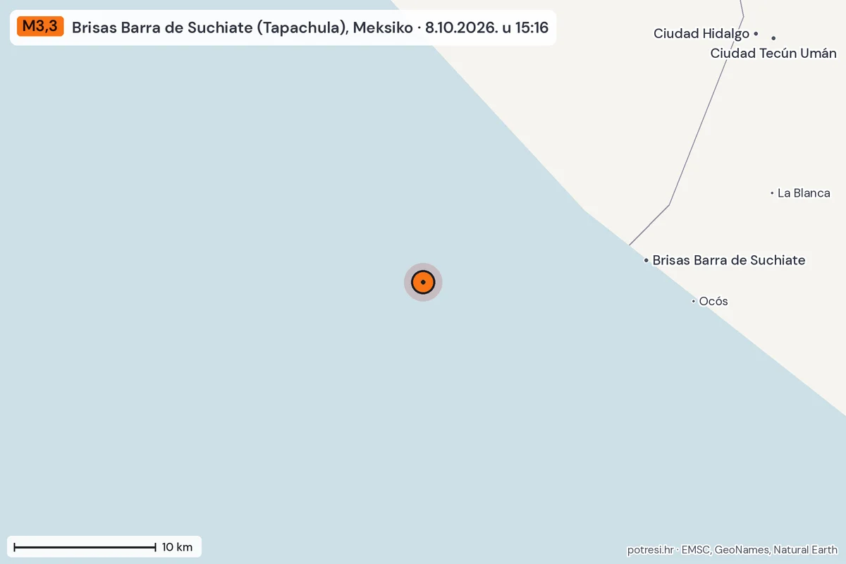 Karta: okolica epicentra, 60 km, potres M3,3, Brisas Barra de Suchiate (Tapachula), Meksiko, 8.10.2026.