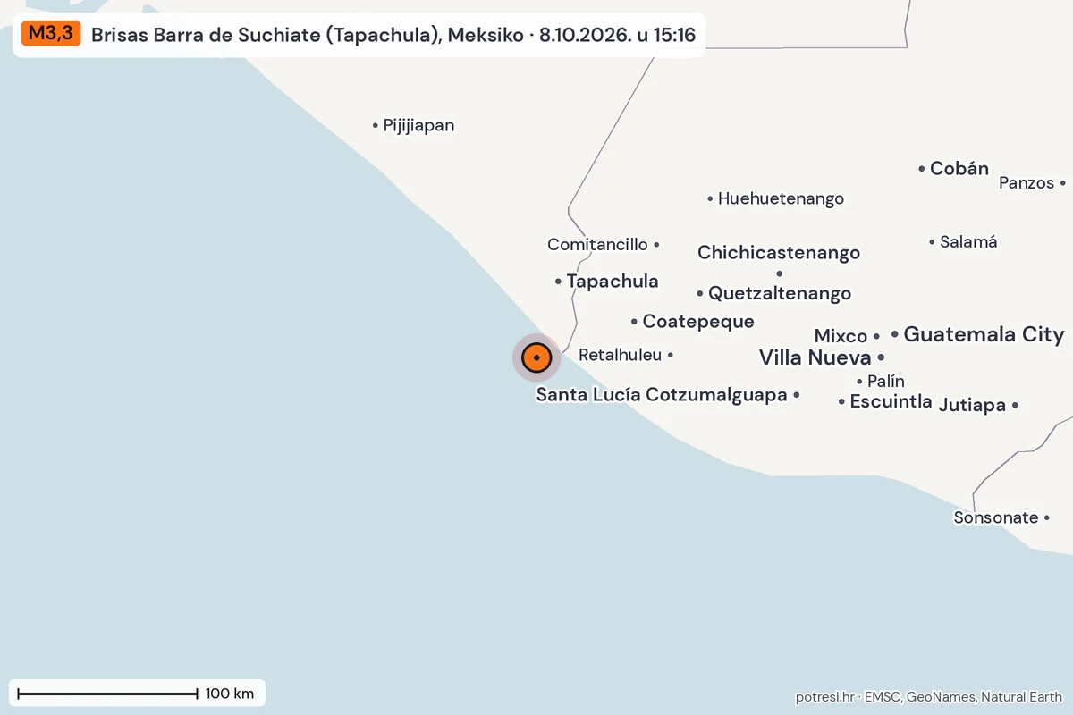 Karta: šire područje, 600 km, potres M3,3, Brisas Barra de Suchiate (Tapachula), Meksiko, 8.10.2026.