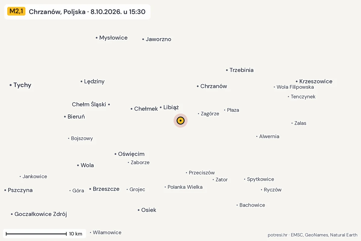 Karta: okolica epicentra, 60 km, potres M2,1, Chrzanów, Poljska, 8.10.2026.