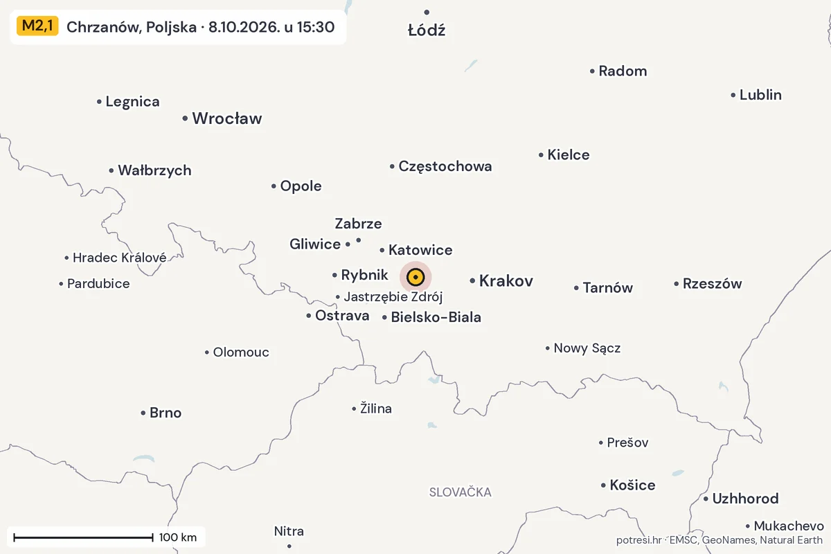 Karta: šire područje, 600 km, potres M2,1, Chrzanów, Poljska, 8.10.2026.